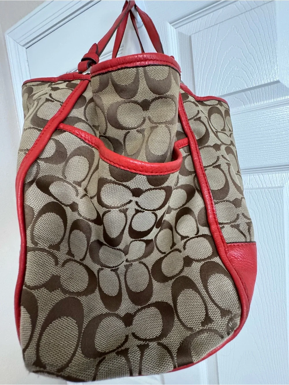 Coach Brown Signature Canvas Tote with Orange Leather Trim